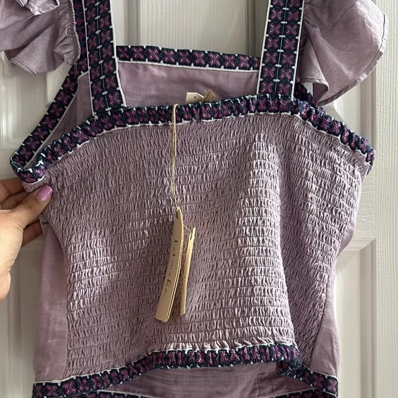 Anthropologie Lavender Embroidered Ruffle-Sleeve Top - Picture 6 of 9